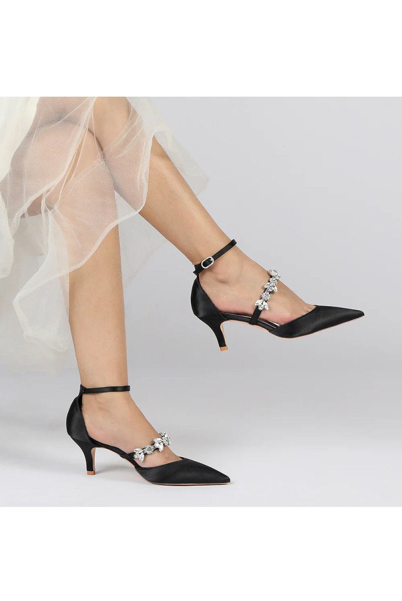 Crystal Strap Pointed Toe Satin Kitten Heels - KissProm