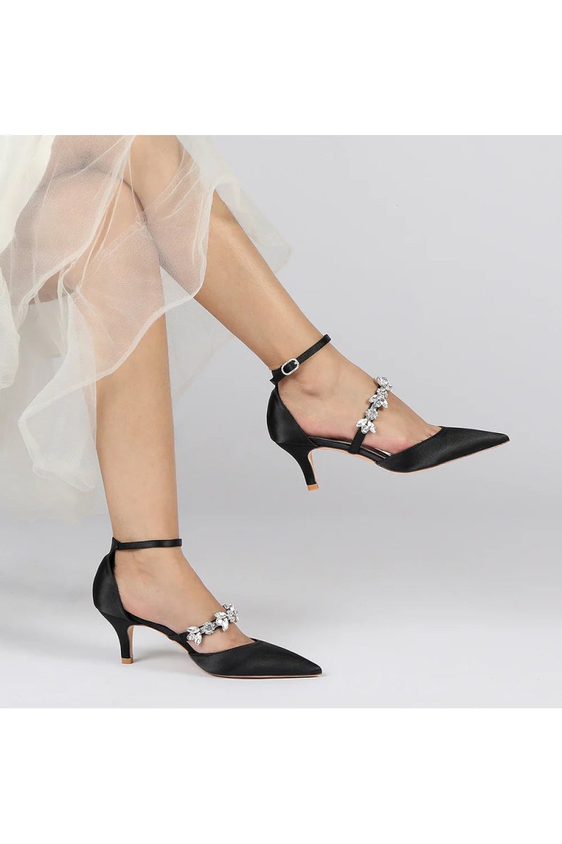 Crystal Strap Pointed Toe Satin Kitten Heels - KissProm
