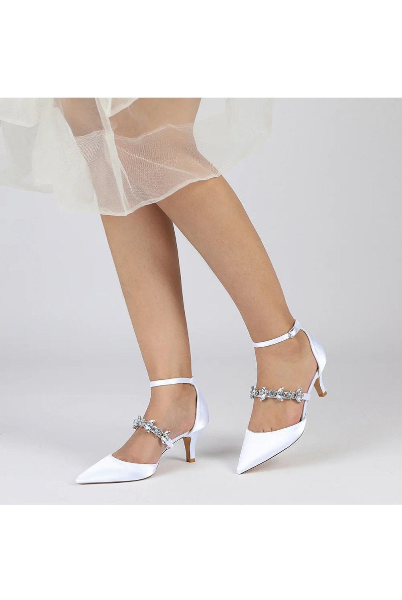 Crystal Strap Pointed Toe Satin Kitten Heels - KissProm