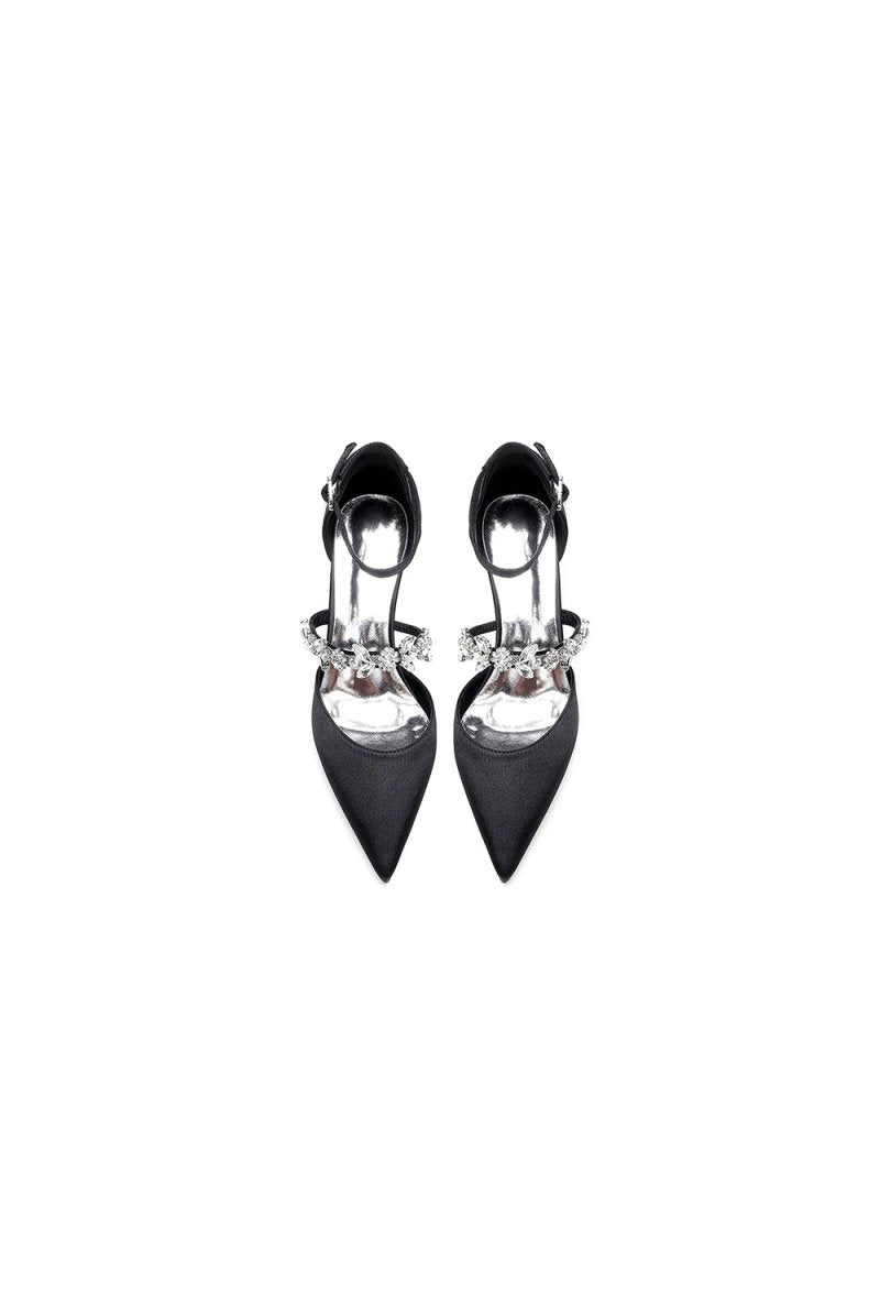 Crystal Strap Pointed Toe Satin Kitten Heels - KissProm