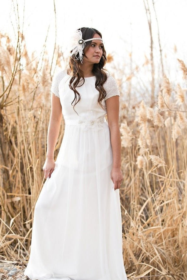 Crystals Short Sleeves Chiffon Boho Simple White Wedding Dresses