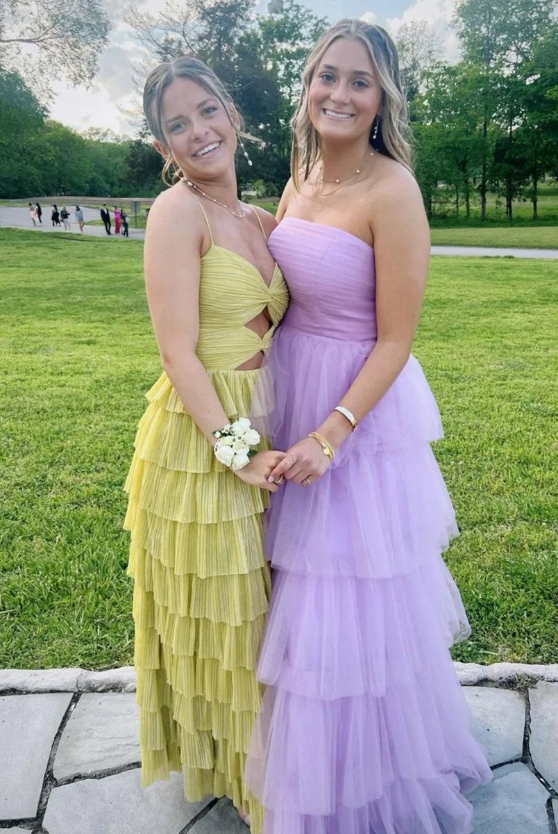 Curitis | Spaghetti Straps Yellow Keyhole Tiered Ruffle Long Formal Dress - KissProm