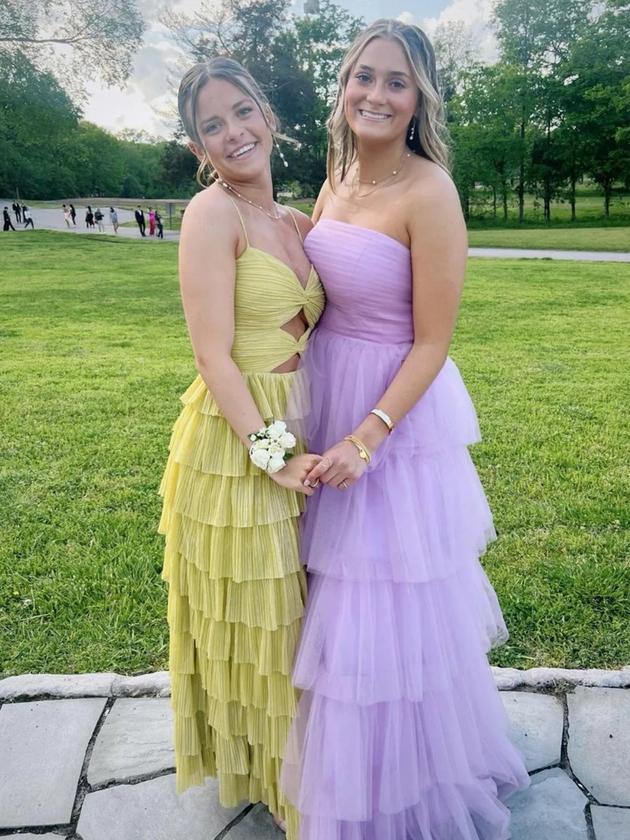 Curitis | Spaghetti Straps Yellow Keyhole Tiered Ruffle Long Formal Dress - KissProm