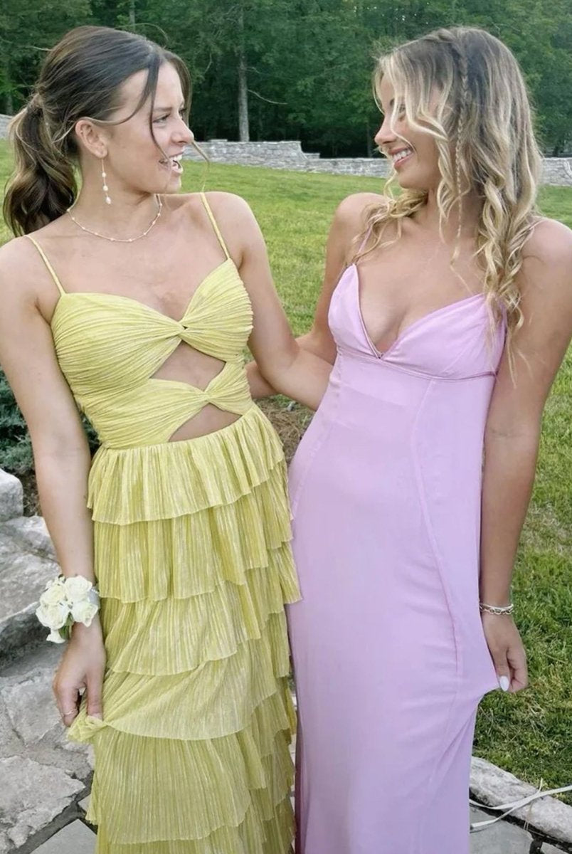 Curitis | Spaghetti Straps Yellow Keyhole Tiered Ruffle Long Formal Dress - KissProm