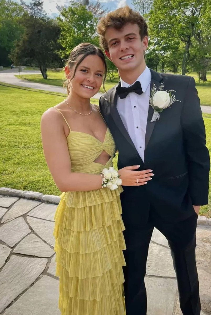 Curitis | Spaghetti Straps Yellow Keyhole Tiered Ruffle Long Formal Dress - KissProm