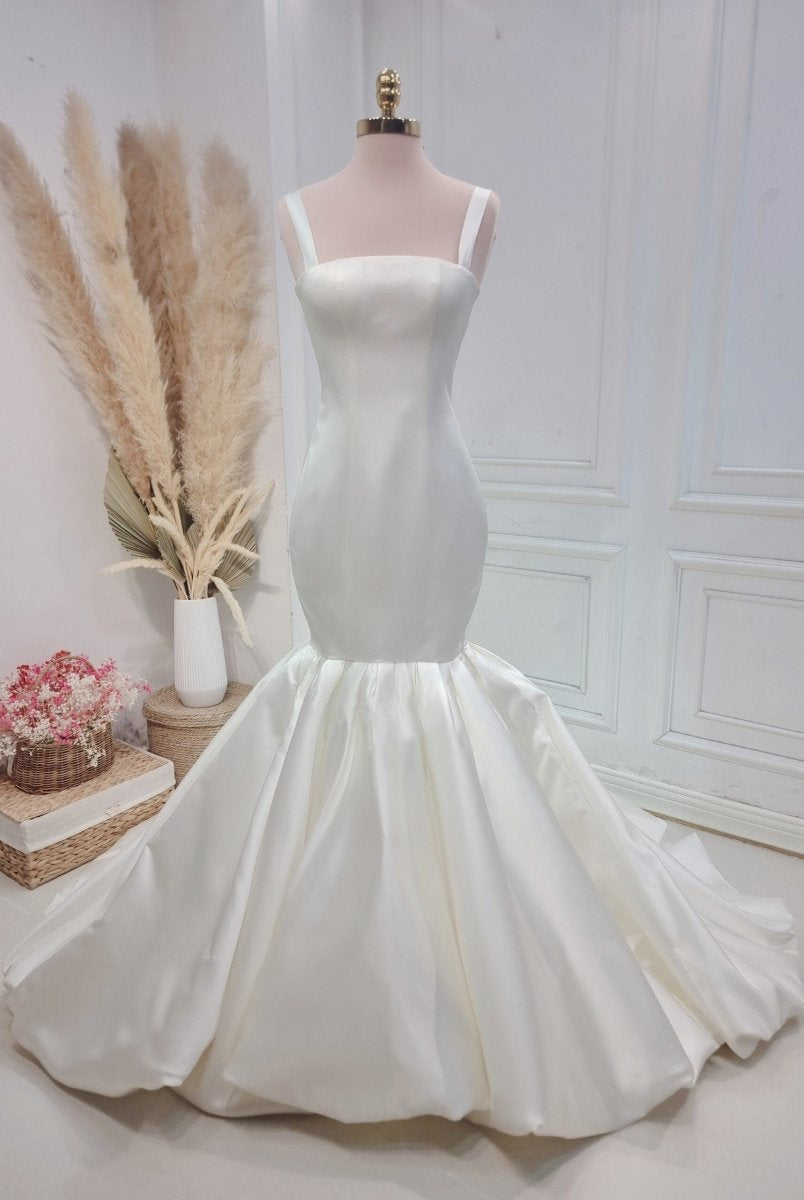 Mermaid Simple Satin White Wedding Dress Sweep Train Bridal Gown