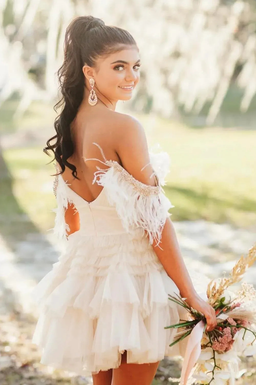 Thea |A Line Pink Glitter Tulle Homecoming Dress with Feather