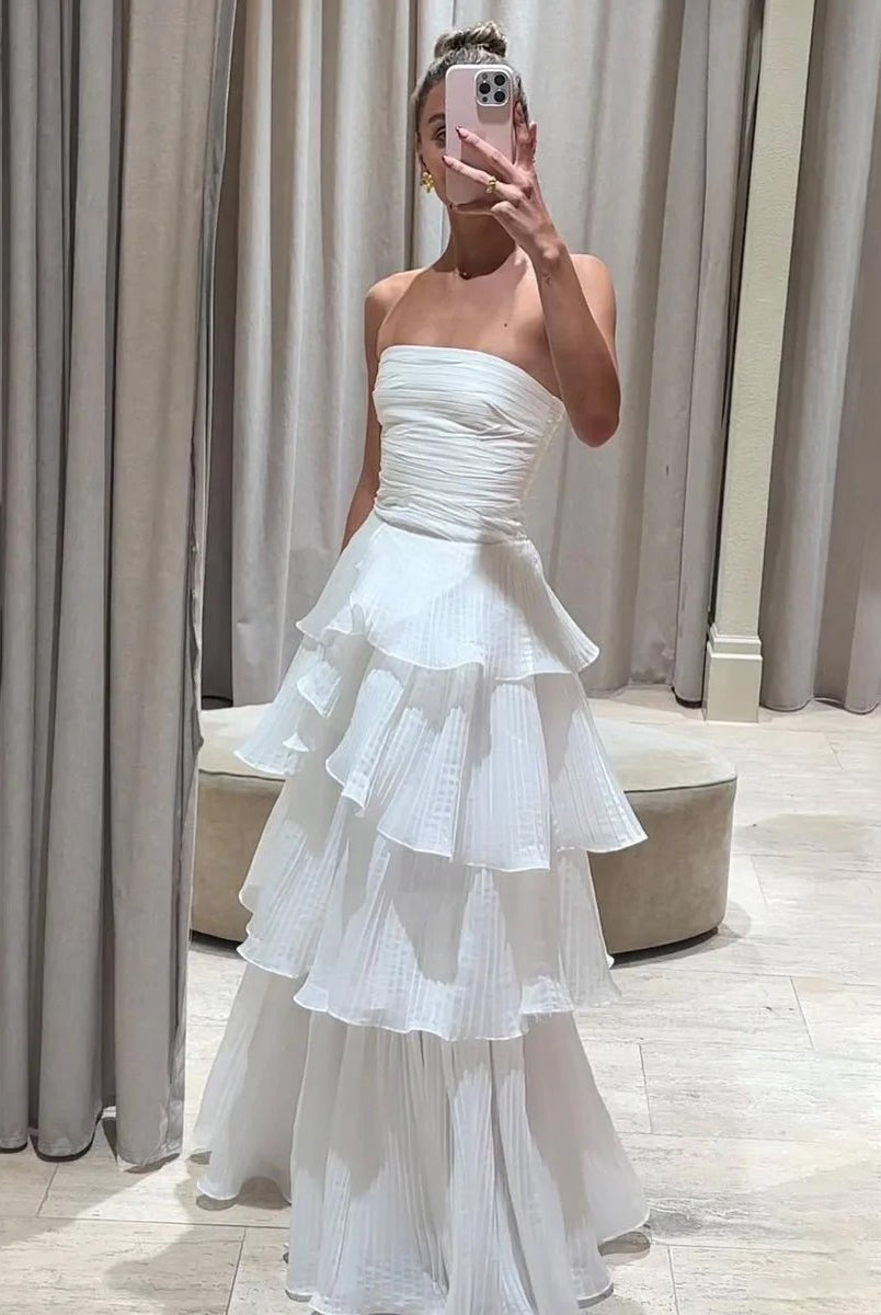 Cute A - Line Chiffon Strapless Tiered Wedding Dresses - KissProm