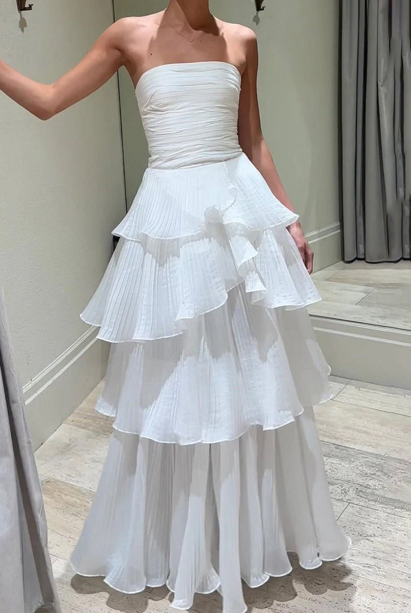 Cute A - Line Chiffon Strapless Tiered Wedding Dresses - KissProm