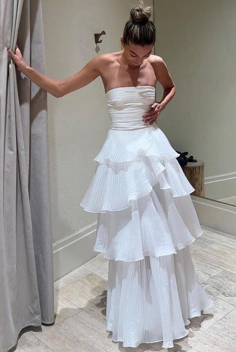 Cute A - Line Chiffon Strapless Tiered Wedding Dresses - KissProm