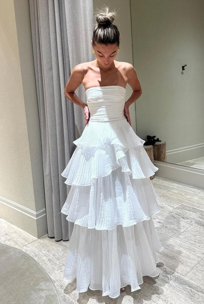 Cute A - Line Chiffon Strapless Tiered Wedding Dresses - KissProm