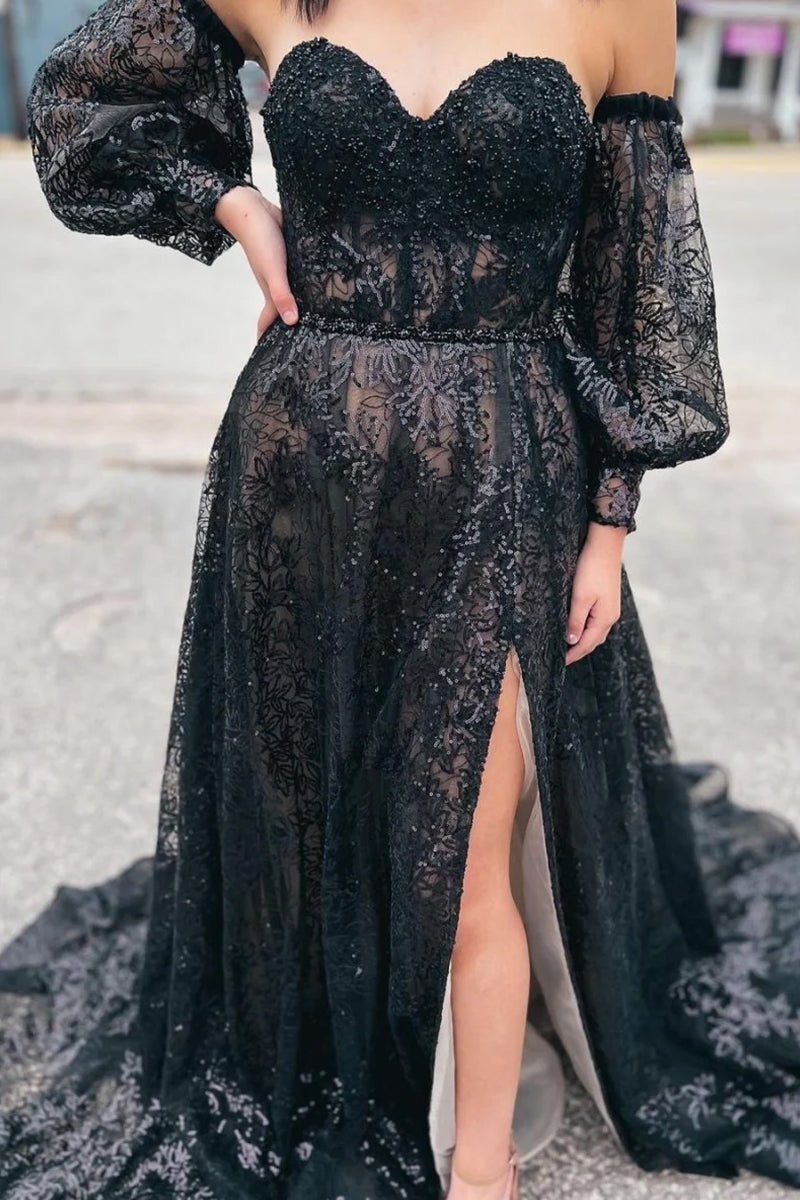 Trina | Cute A Line Sweetheart Black Sequins Long Prom Dresses - KissProm