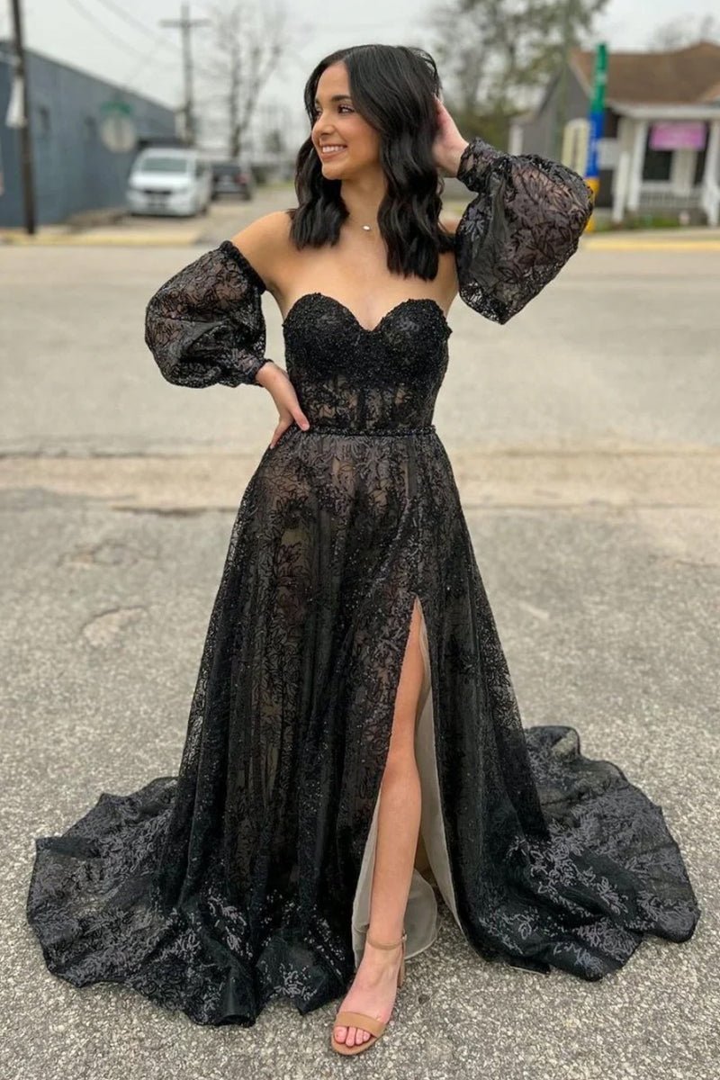Trina | Cute A Line Sweetheart Black Sequins Long Prom Dresses - KissProm
