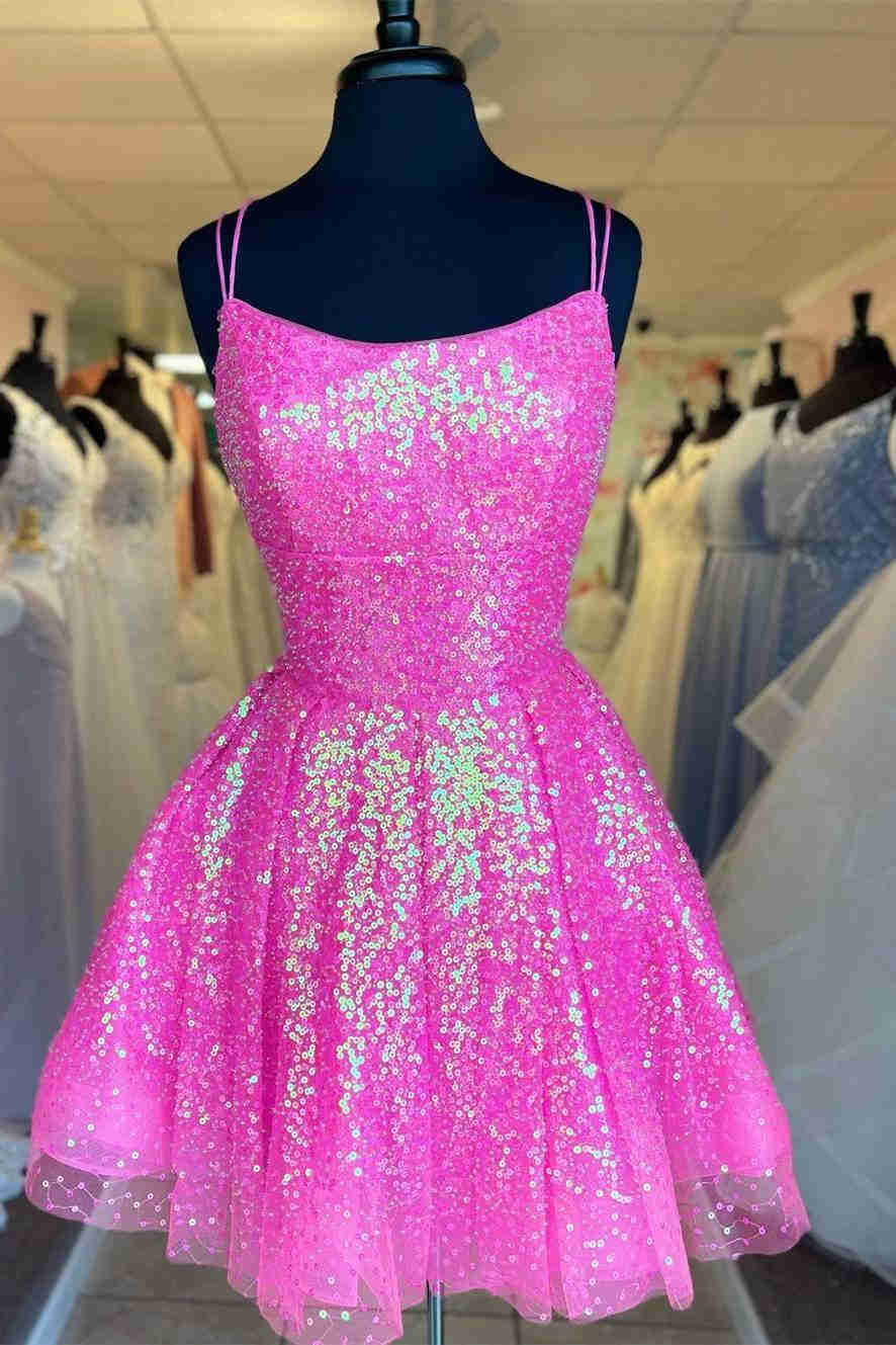 Hot Pink Sequins A-Line Homecoming Dress Hot Pink / 2 Hot Pink Sequins A-Line Homecoming Dress Hot Pink / 2