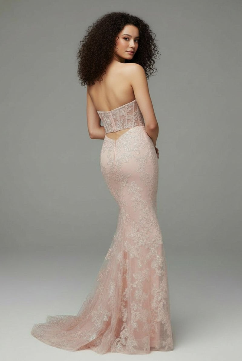 KissProm-Michaela Light Pink Mermaid Sweetheart Sequined Lace Long Prom Dress