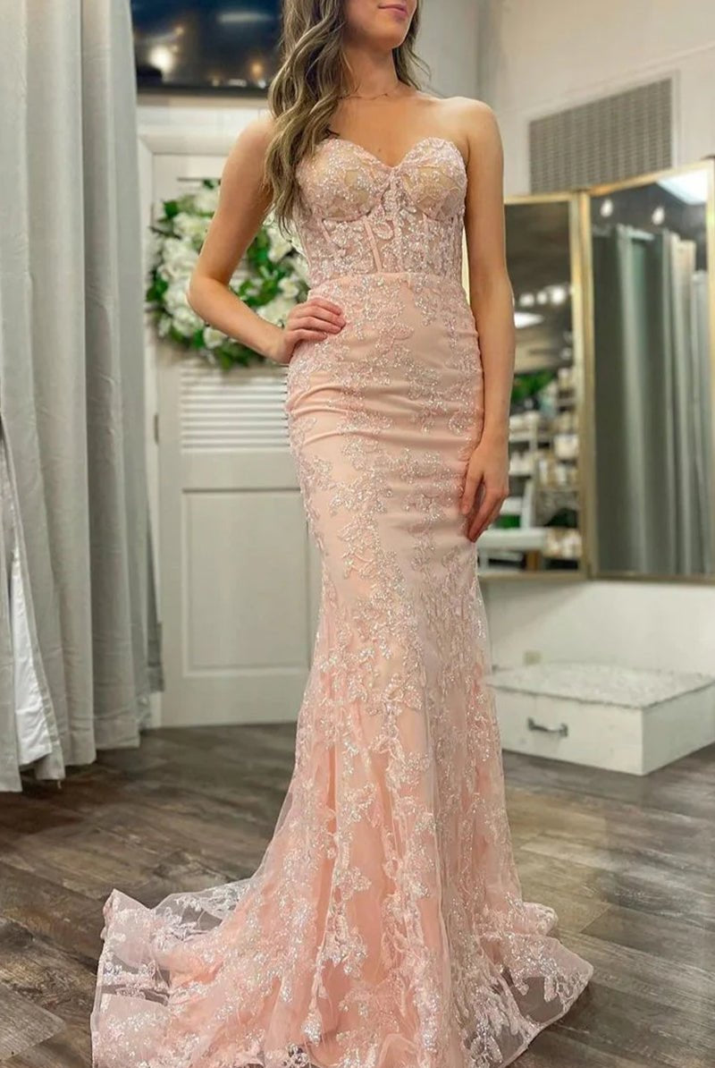 KissProm-Michaela Light Pink Mermaid Sweetheart Sequined Lace Long Prom Dress