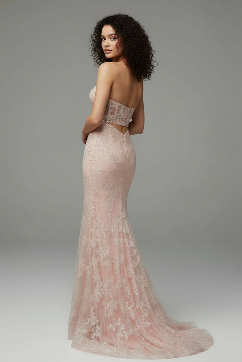 KissProm-Michaela Light Pink Mermaid Sweetheart Sequined Lace Long Prom Dress