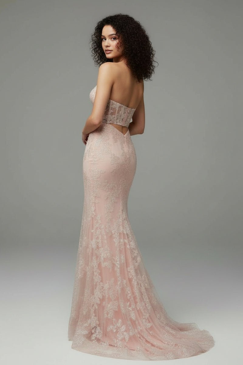 KissProm-Michaela Light Pink Mermaid Sweetheart Sequined Lace Long Prom Dress