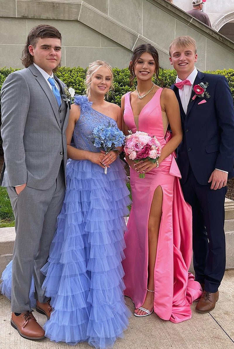 Esther | Cute Mermaid V Neck Pink Satin Long Prom Dresses with Big Bow