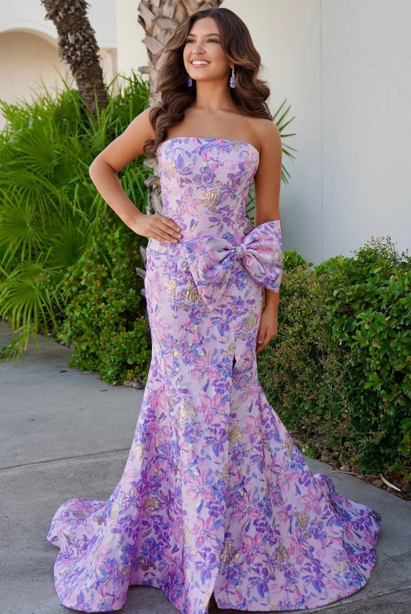 Cylin | Lavender - Strapless Mermaid Floral Printed Long Formal Prom Dresses With Bowknot - KissProm