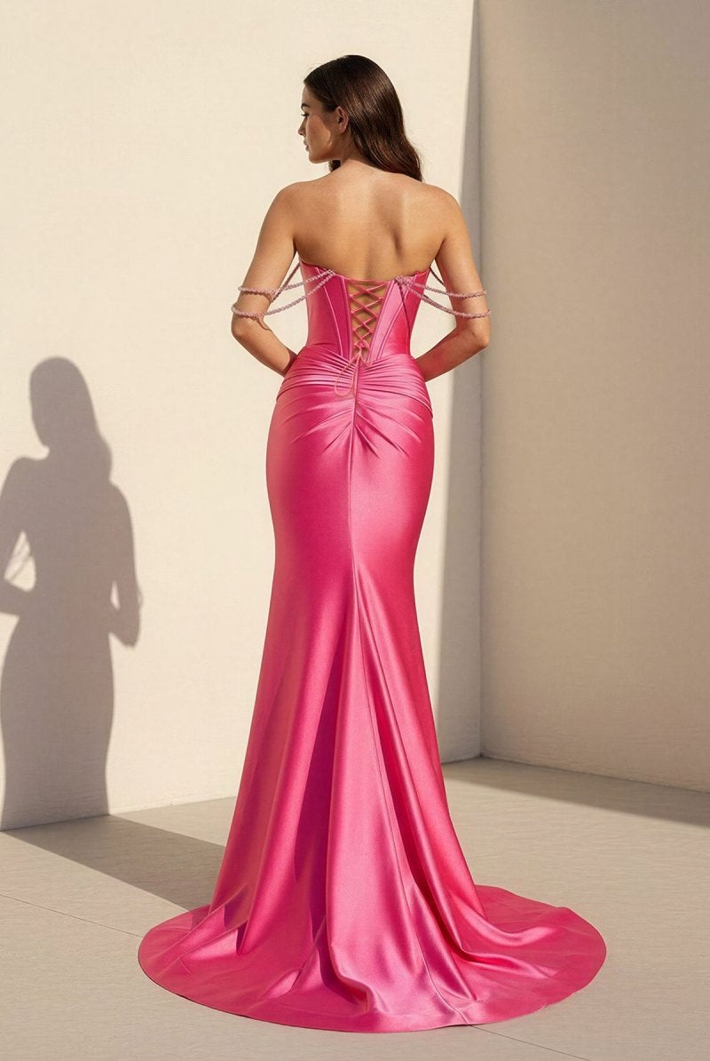 Cyralie | Fuchsia - Off The Shoulder Satin Pleated Mermaid Formal Prom Dresses With Beading - KissProm