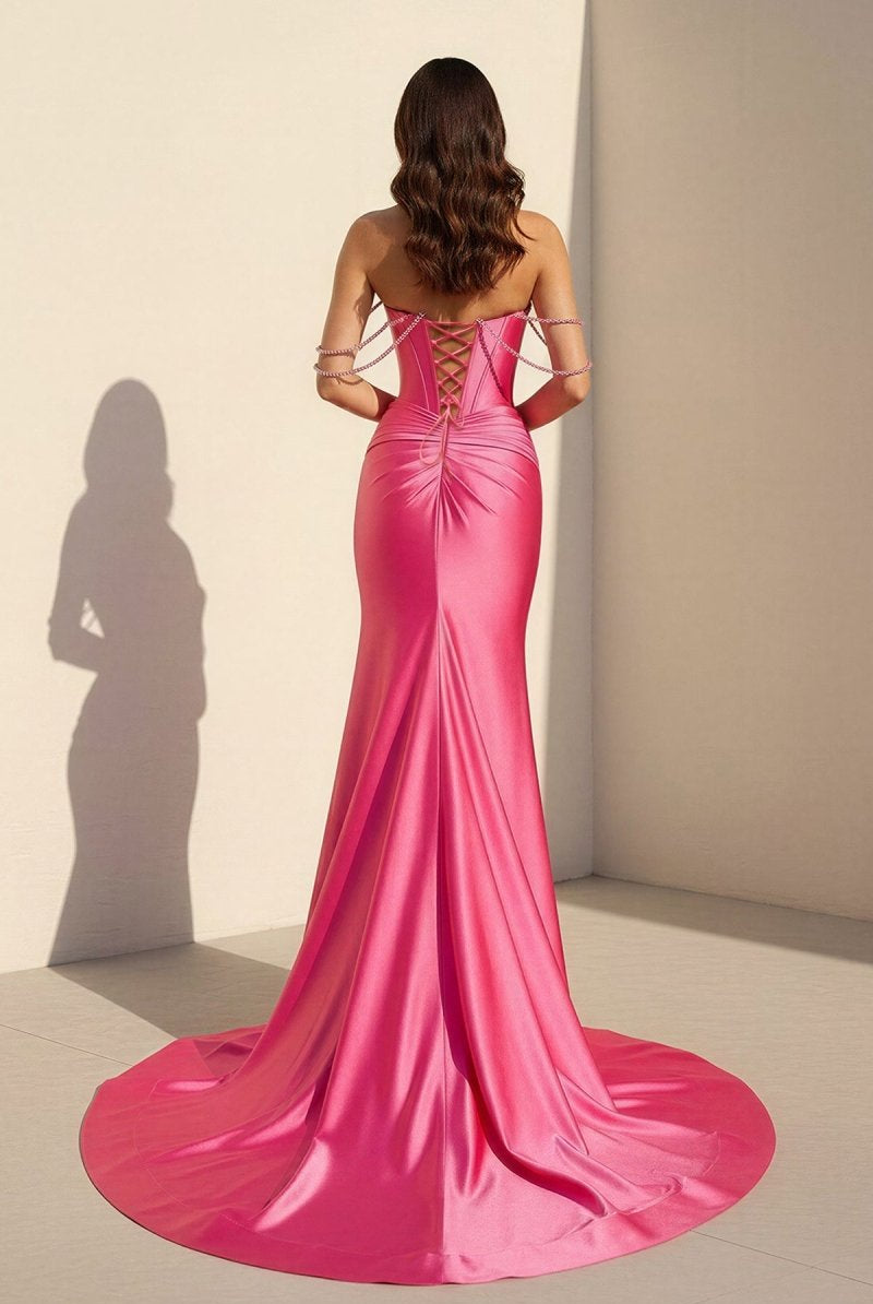 Cyralie | Fuchsia - Off The Shoulder Satin Pleated Mermaid Formal Prom Dresses With Beading - KissProm