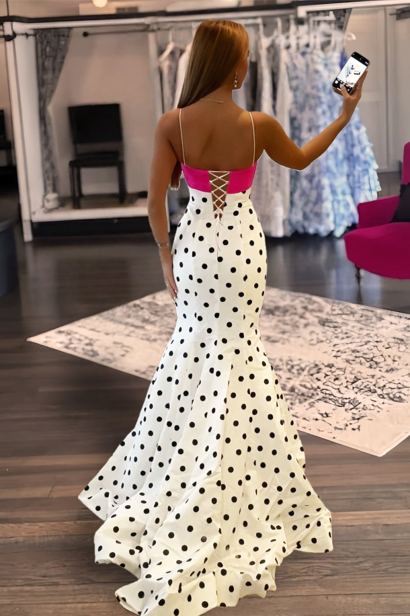 Cyrilla | White - Spaghetti Straps Polka Dots Mermaid Formal Prom Dresses With Bow - KissProm