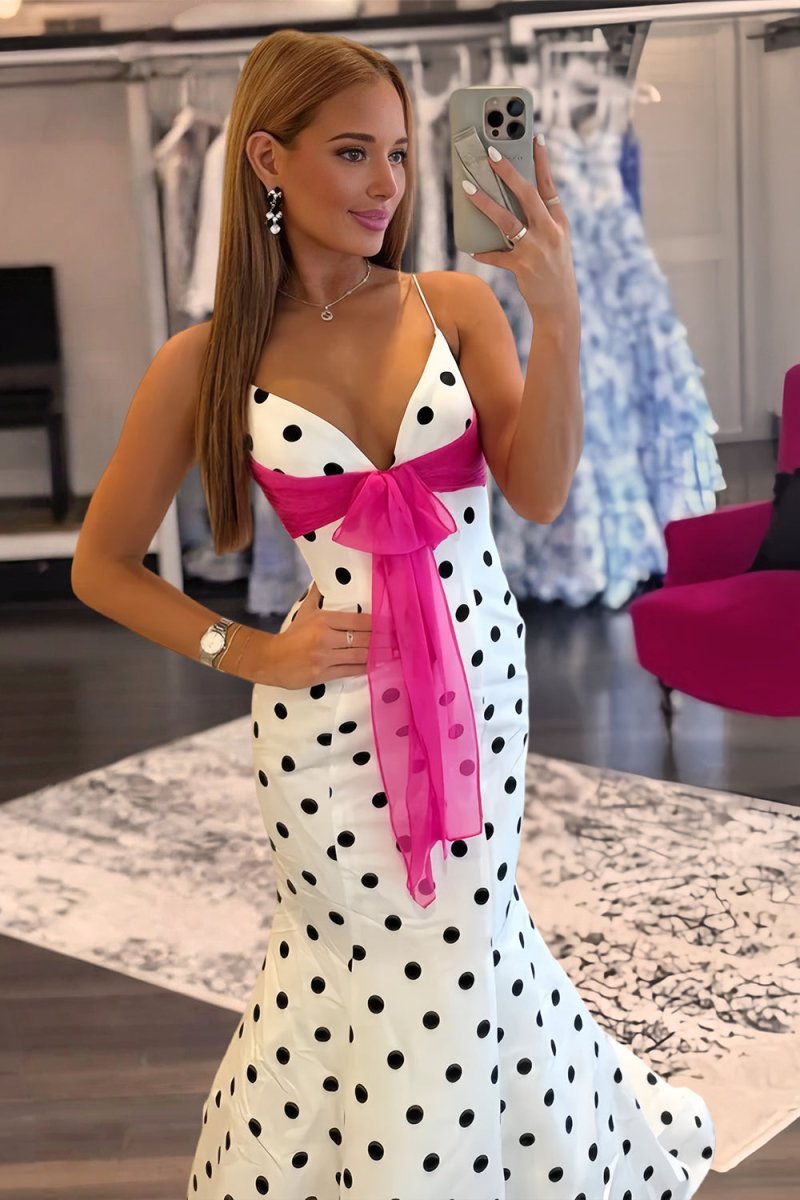 Cyrilla | White - Spaghetti Straps Polka Dots Mermaid Formal Prom Dresses With Bow - KissProm