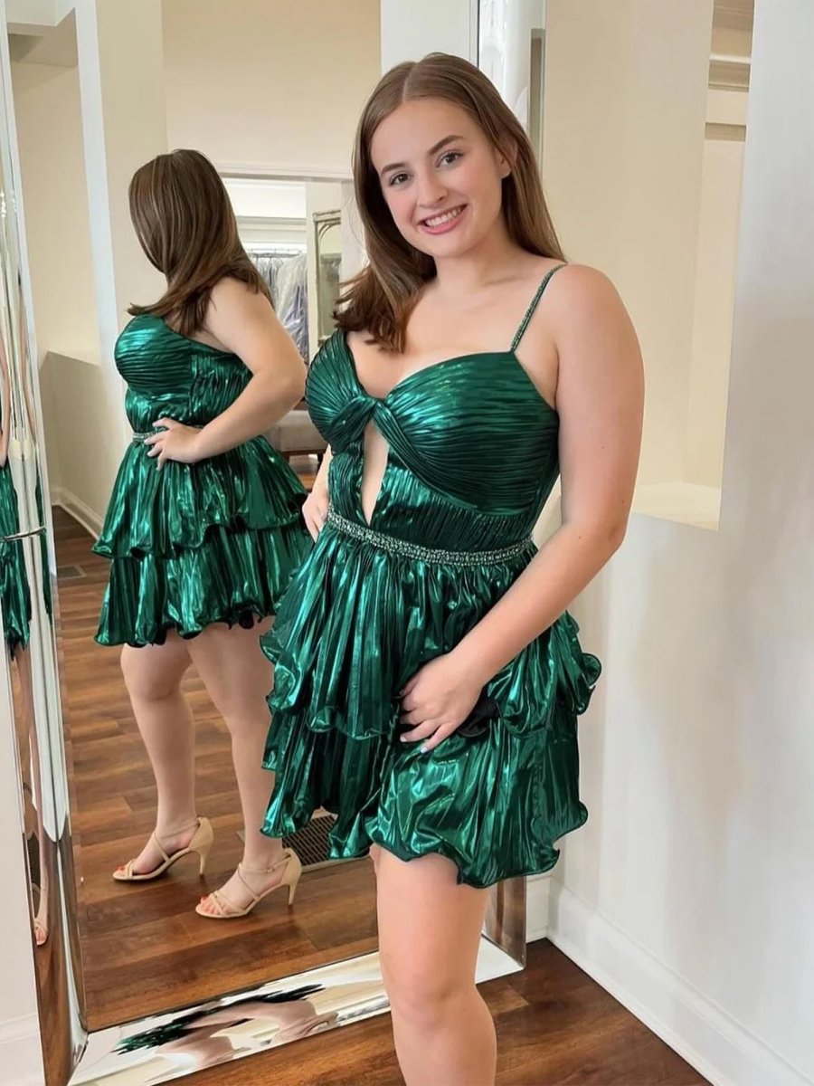 Cyrus | Green - A Line Metallic Tiered Ruffles Cut Out Short Homecoming Dresses