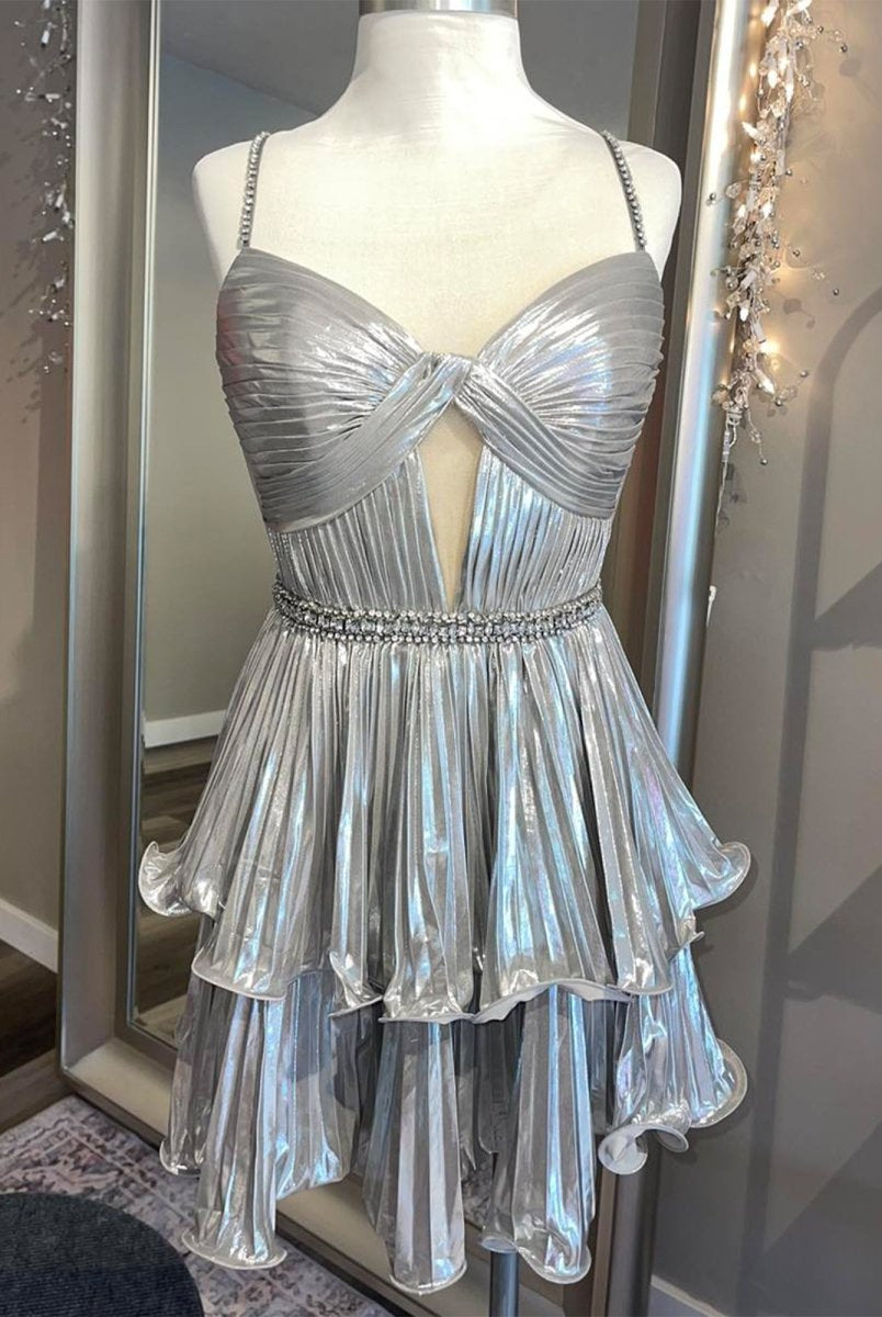 Cyrus | Silver - A Line Metallic Tiered Ruffles Cut Out Short Homecoming Dresses