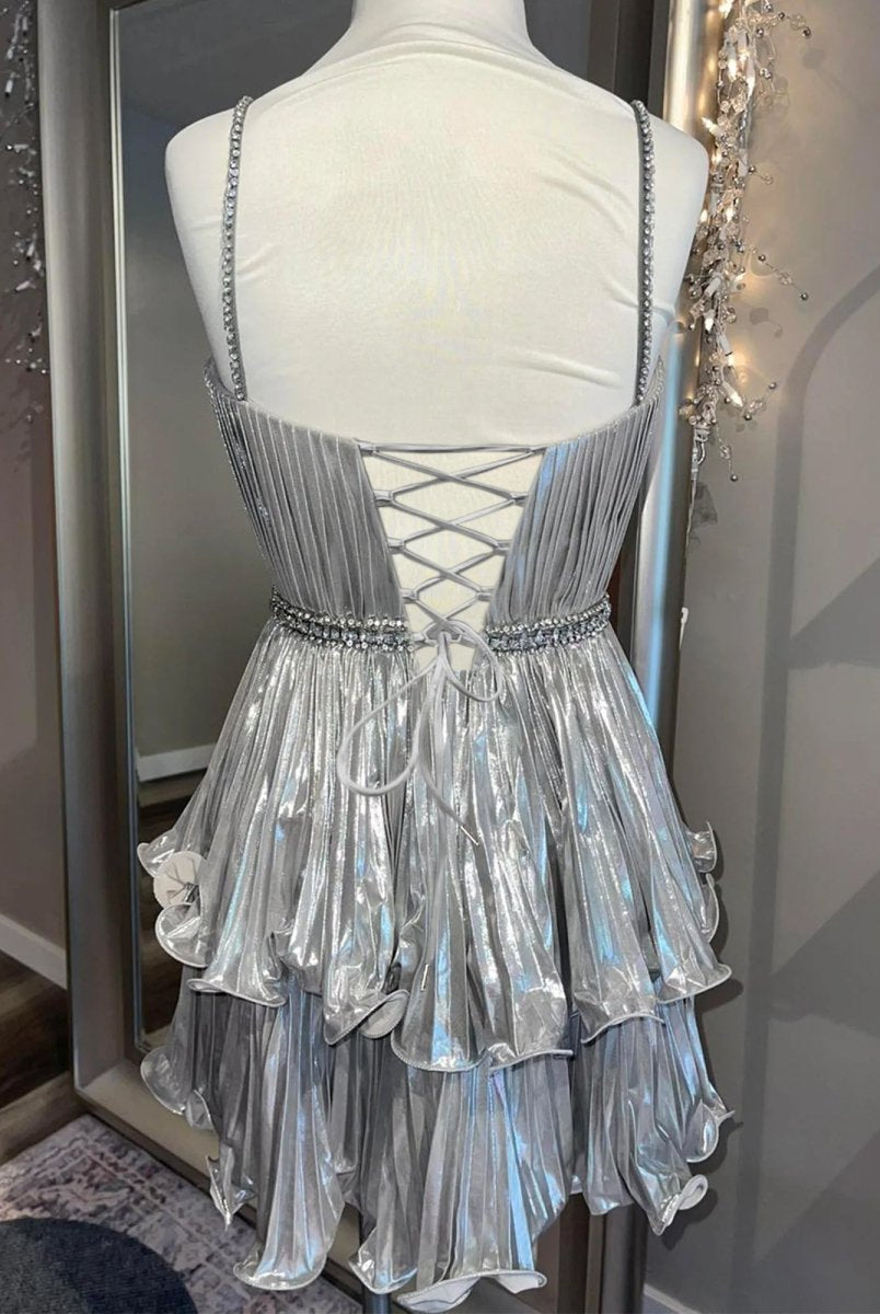 Cyrus | Silver - A Line Metallic Tiered Ruffles Cut Out Short Homecoming Dresses