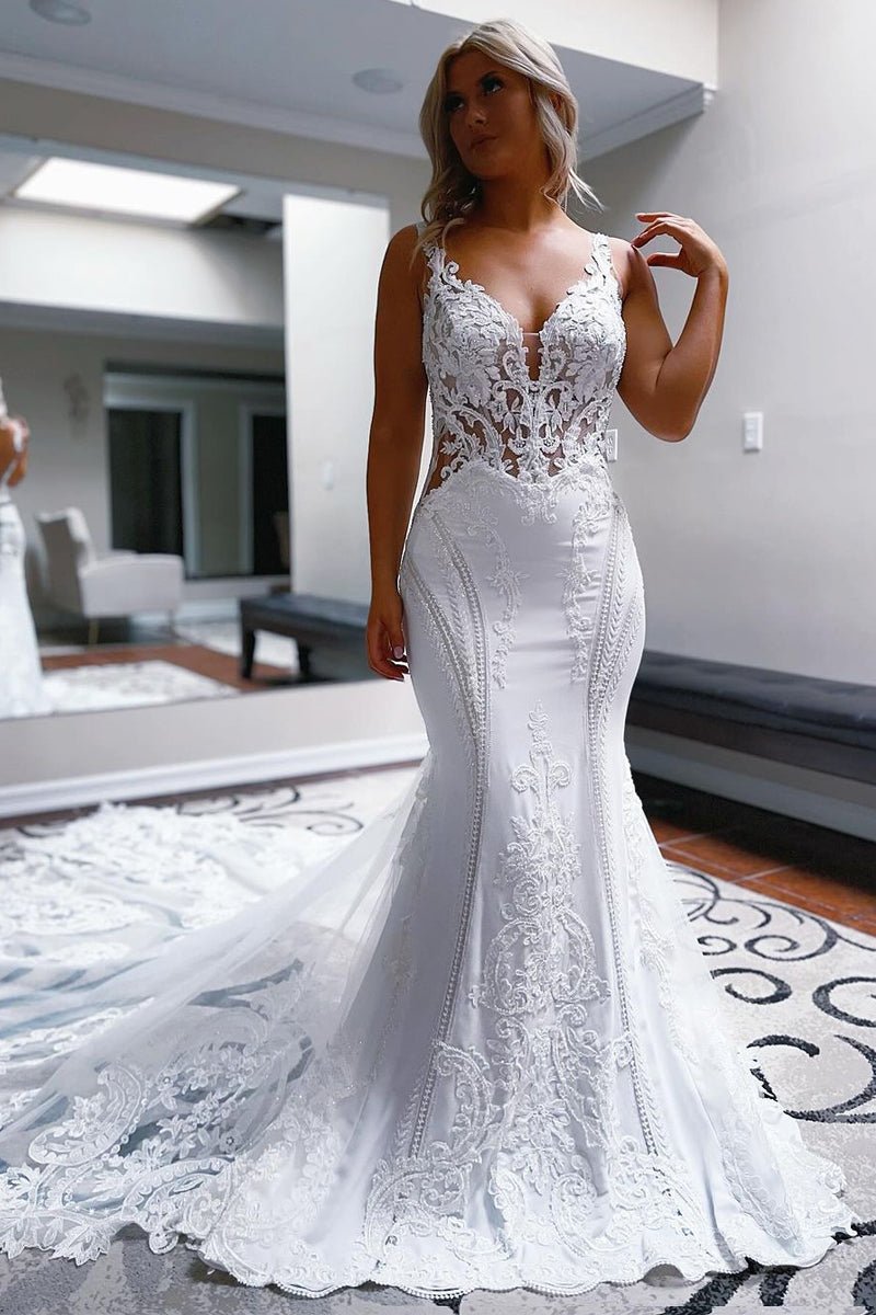 Mermaid V Neck Satin Lace Wedding Dresses, Diamond White / 8 Mermaid V Neck Satin Lace Wedding Dresses, Diamond White / 8