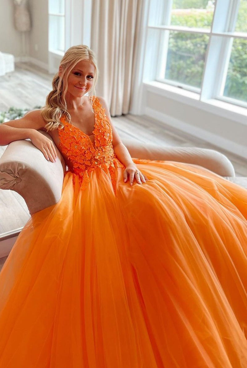 Marigold |A-Line V-Neck Long Tulle Prom Dress with Appliques