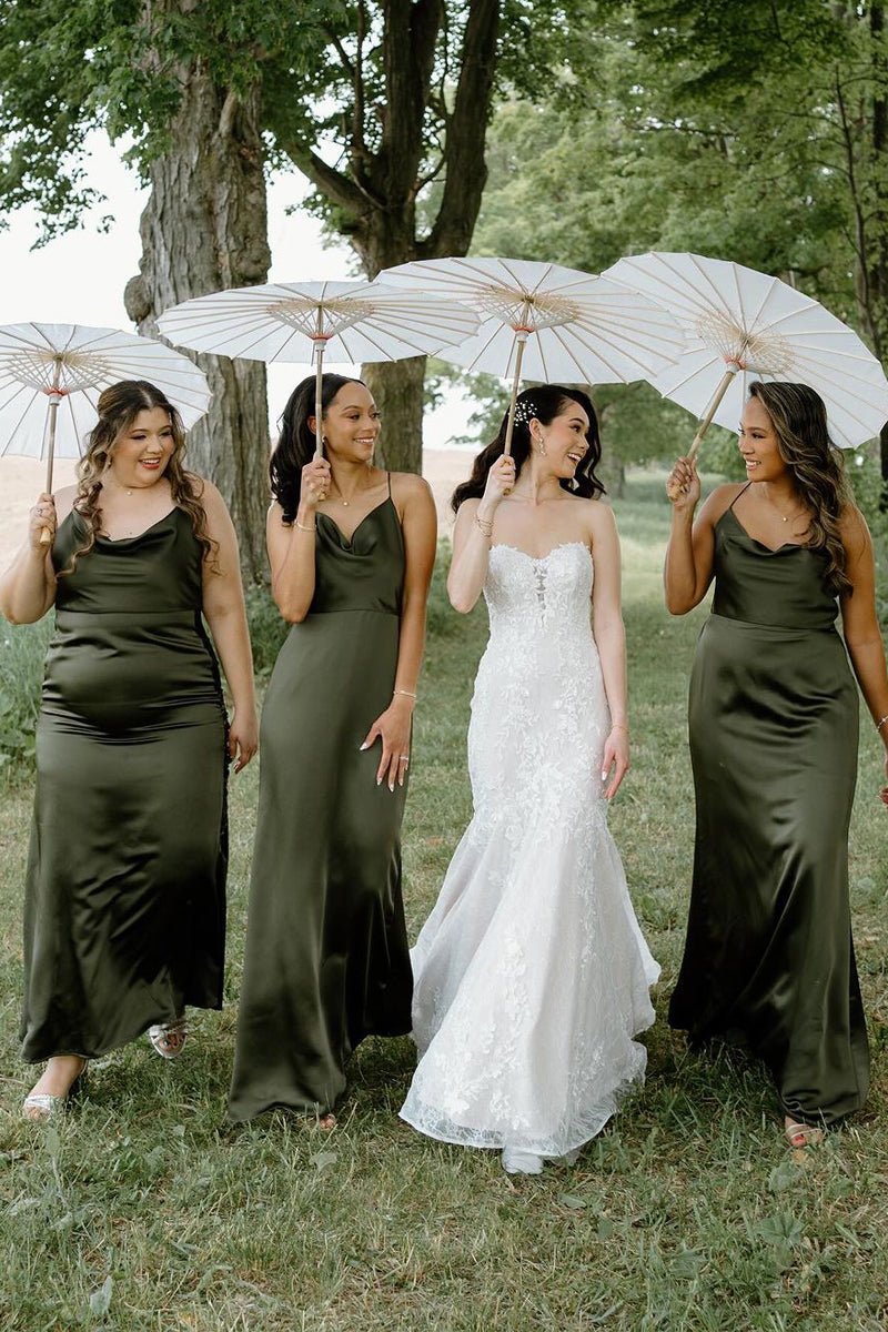 Hunter Green Silk Satin Cowl Neck Bridesmaid Dresses - KissProm