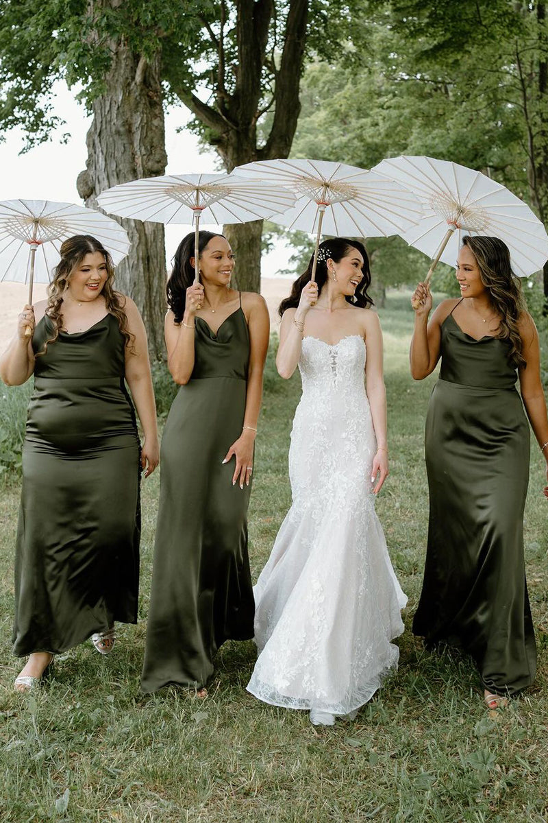 Hunter Green Silk Satin Cowl Neck Bridesmaid Dresses