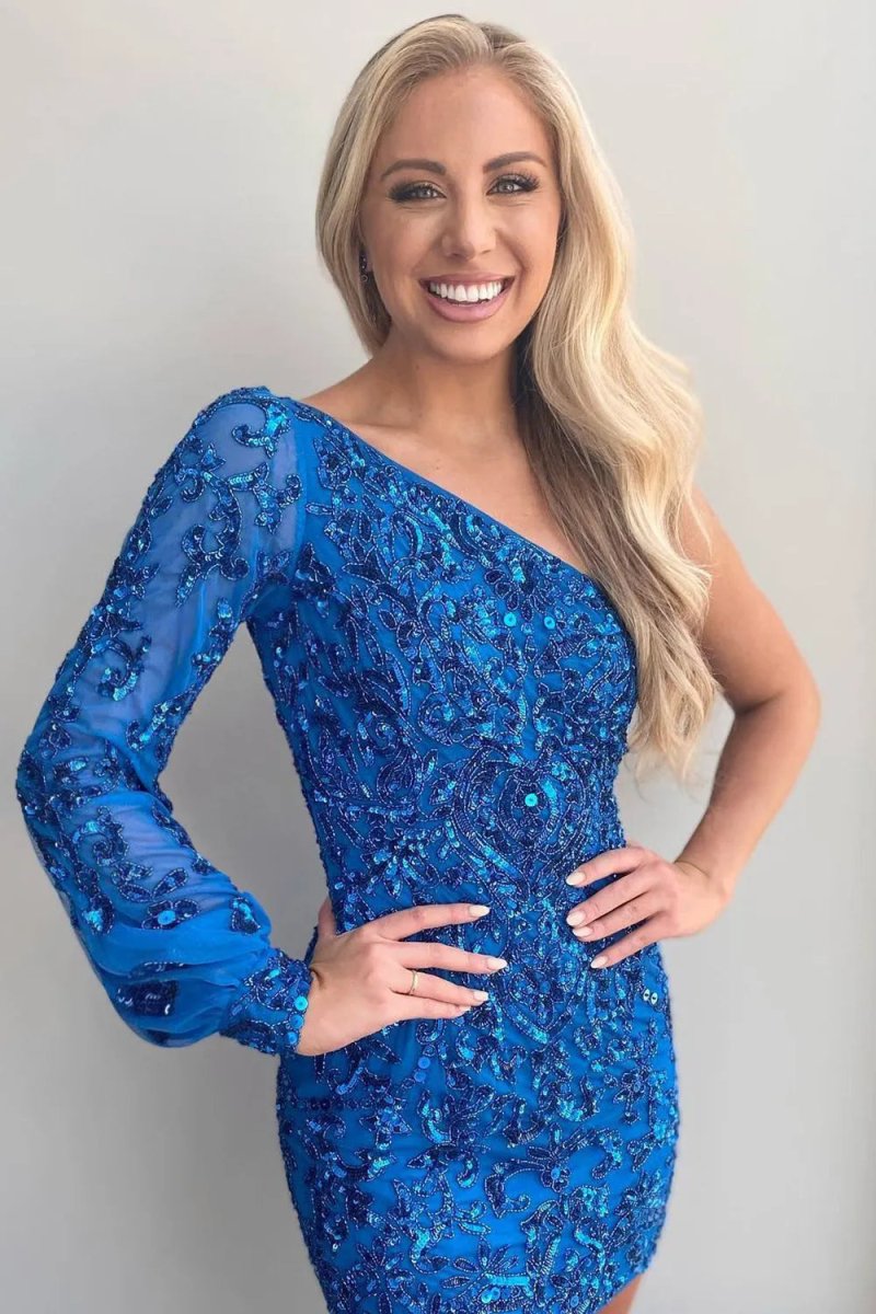 Kiri | Bodycon One Shoulder Blue Long Sleeve Sequins Short Homecoming Dresses - KissProm