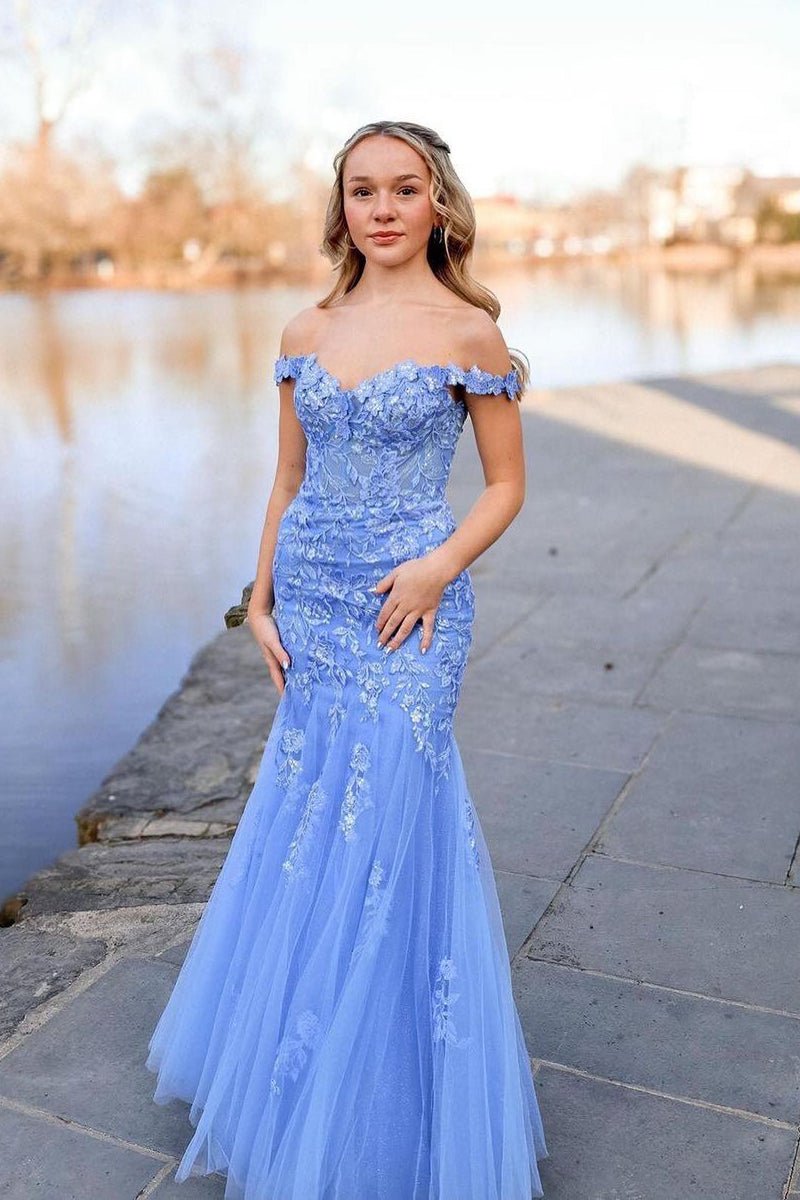 Lavender Off the Shoulder Tulle Appliques Mermaid Long Prom Dresses - KissProm