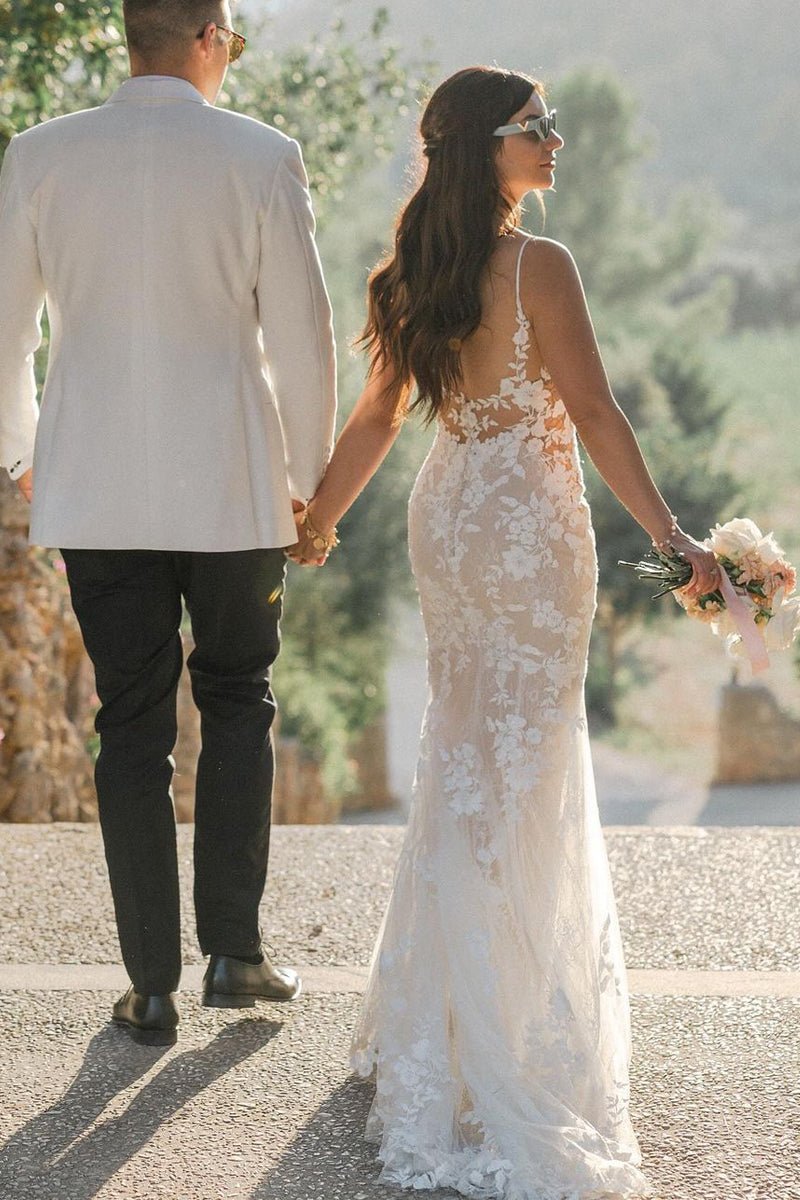 Mermaid V Neck Tulle Lace Sleeveless Ivory Wedding Dresses