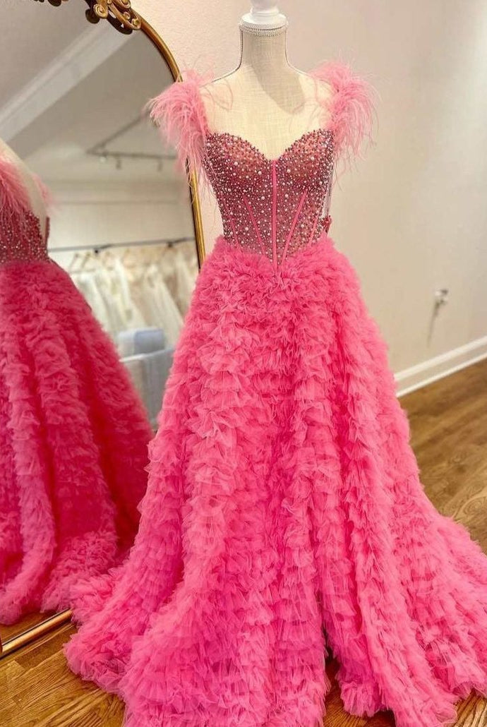 Astrid |A Line Off the Shoulder Tiered Tulle Prom Dress With Slit