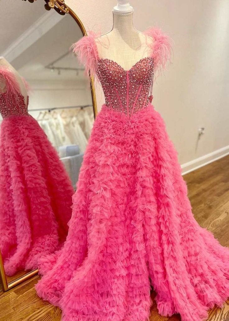 Astrid |A Line Off the Shoulder Tiered Tulle Prom Dress With Slit