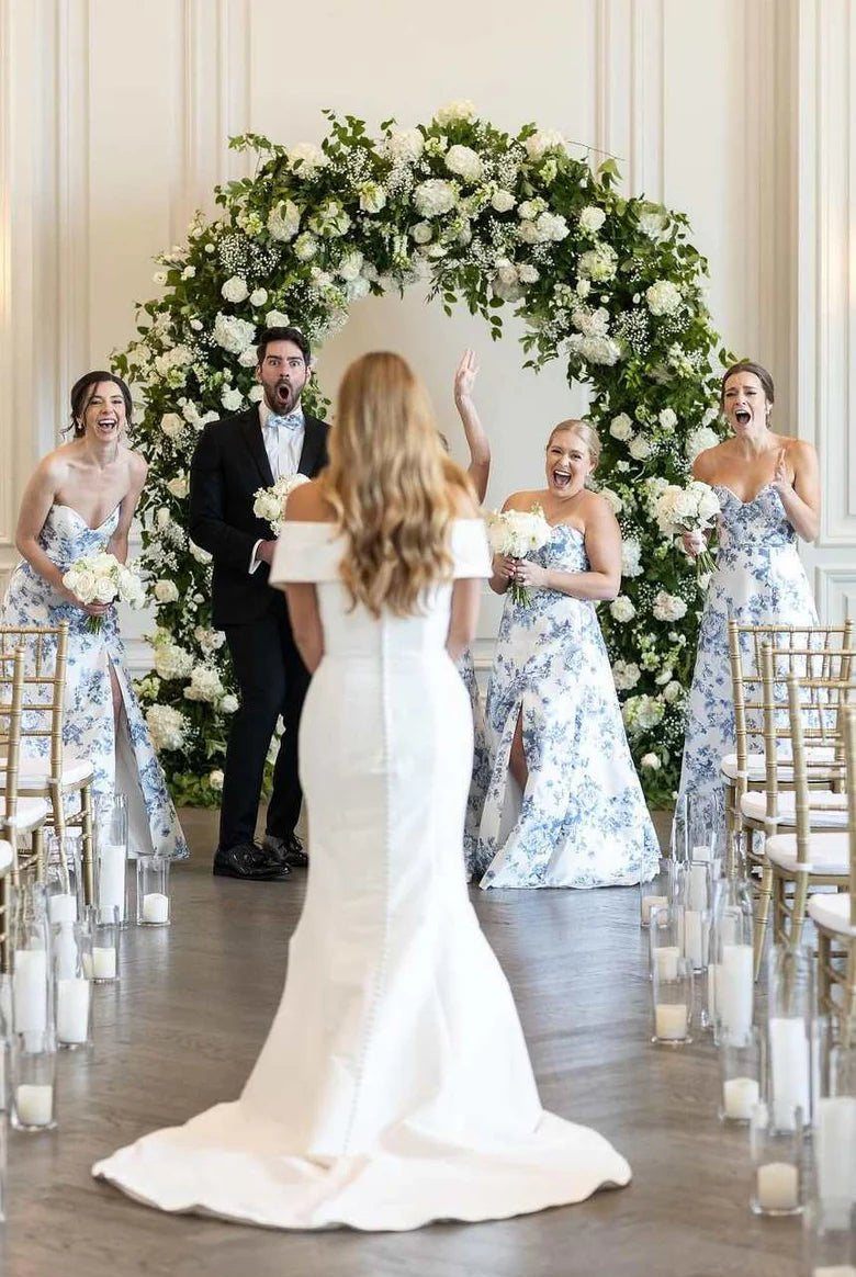 A-line Strapless Printed Floarl Satin Long Bridesmaid Dresses