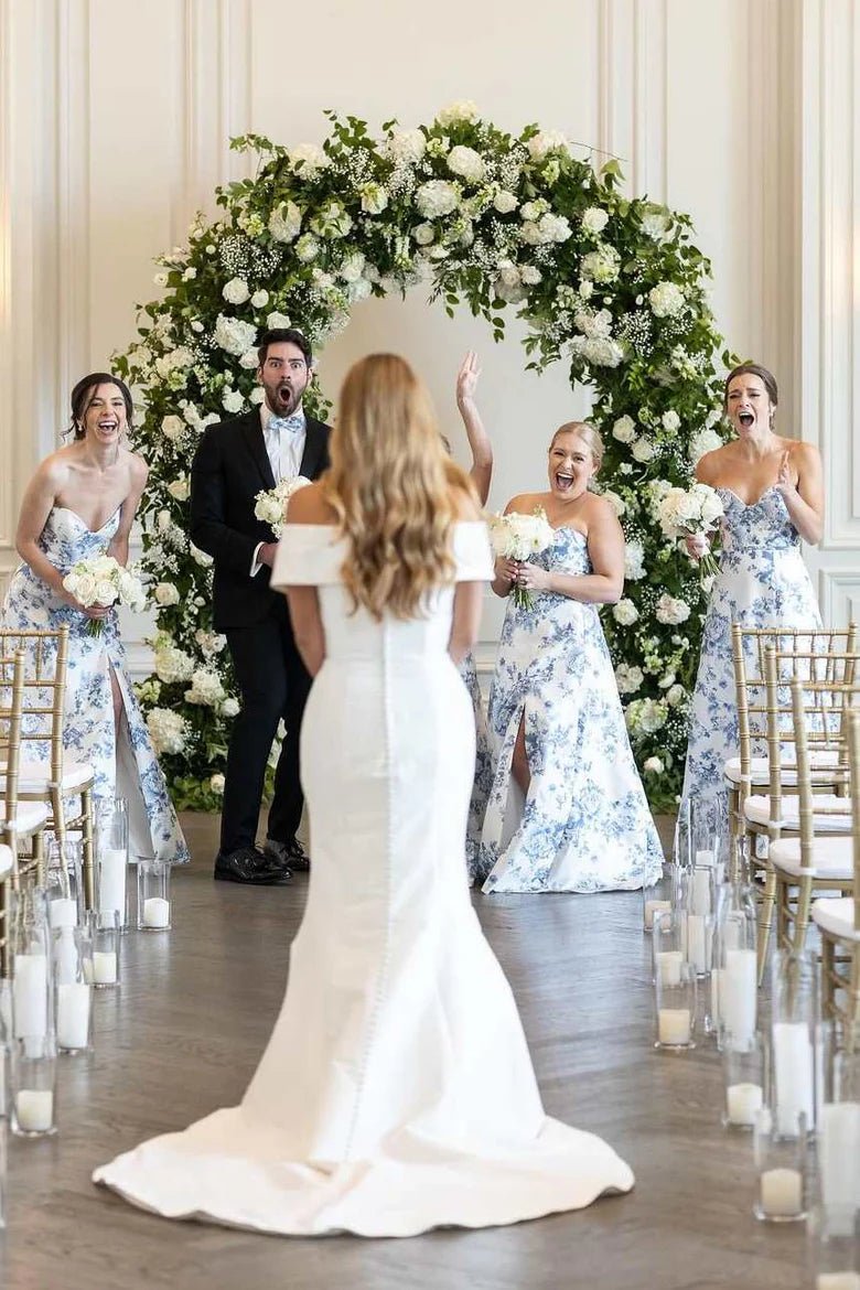 A-line Strapless Printed Floarl Satin Long Bridesmaid Dresses