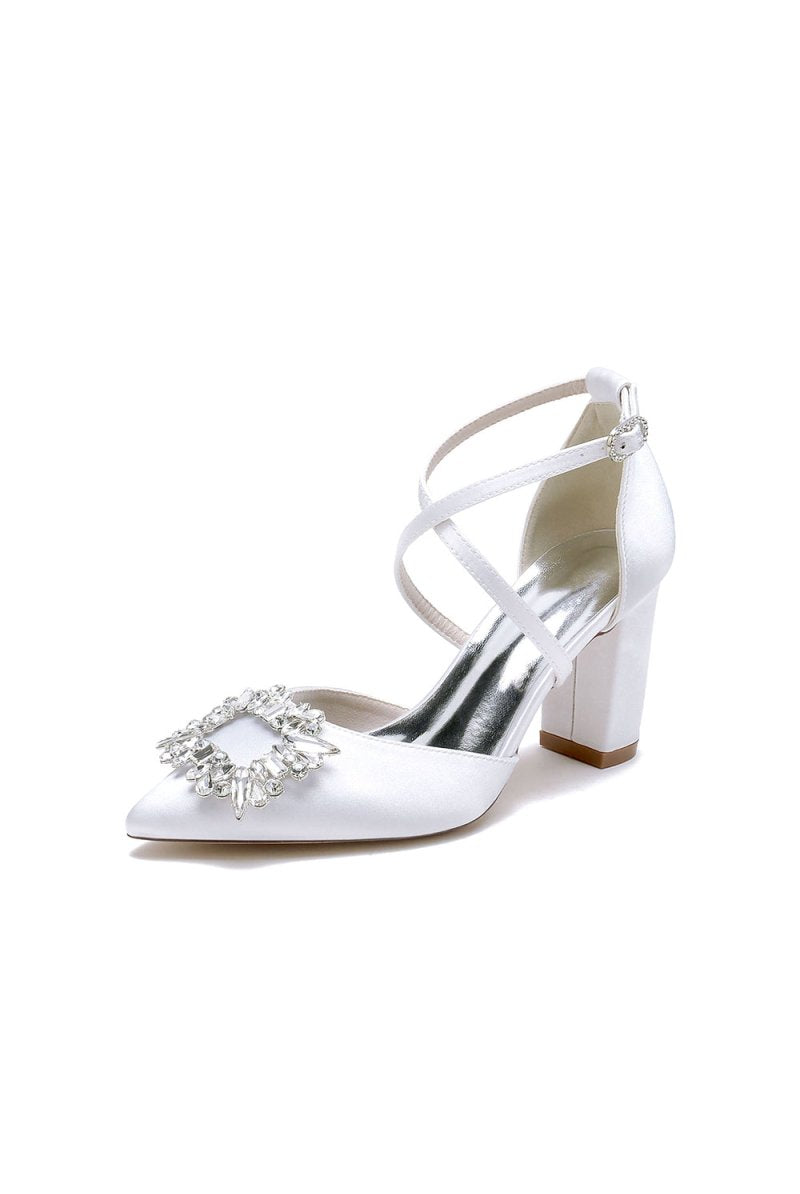 White Satin Pump with Crystal - Embellished Cross - Strap - KissProm