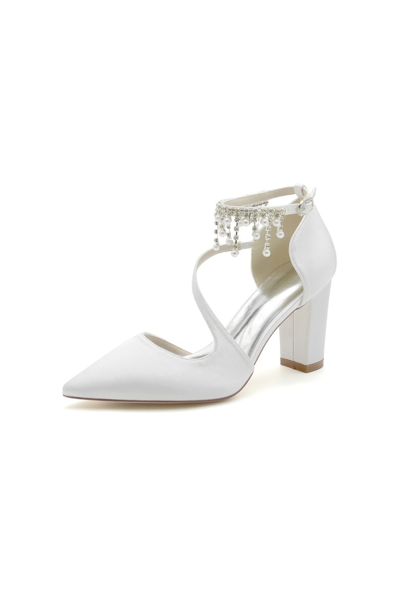 White Satin Pump with Pearl - Embedded Chain Heel - KissProm