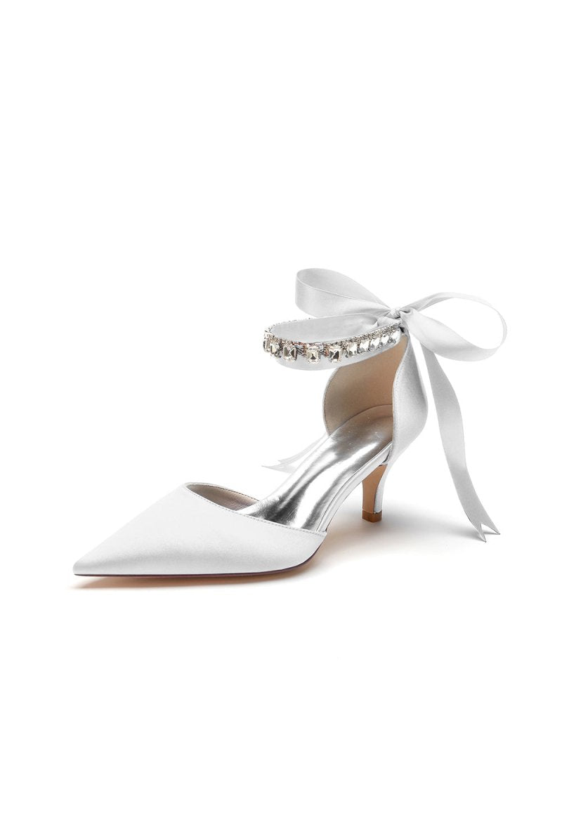 Pointed Toe Ribbons Kitten Heels With Diamond - KissProm