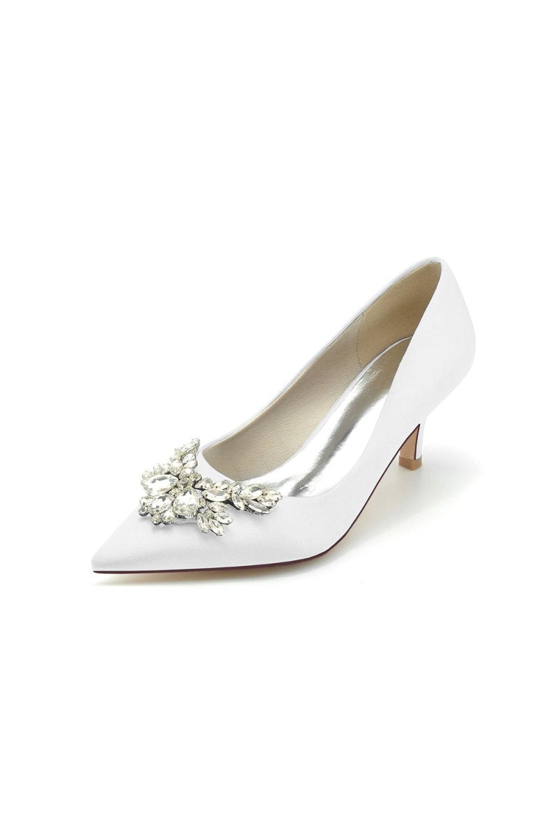 Rhinestone Pointed Toe Satin Kitten Heels - KissProm