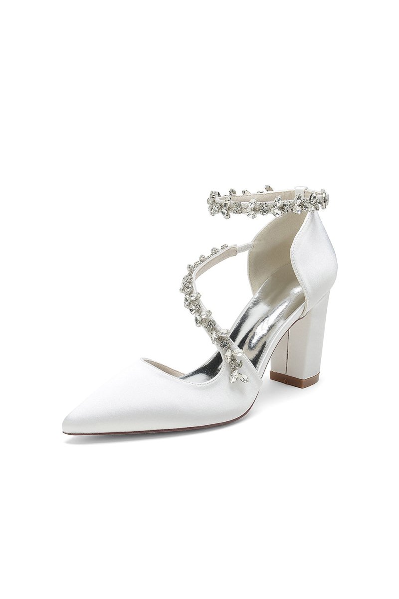 White Satin Pump with Silver Chain Accent - KissProm