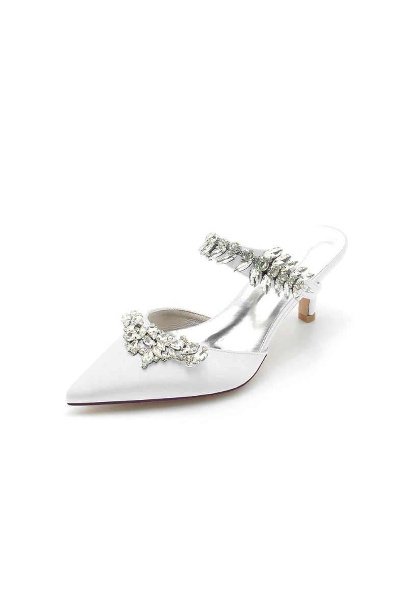 Satin Pointed Toe Mules with Crystal Rhinestone - KissProm