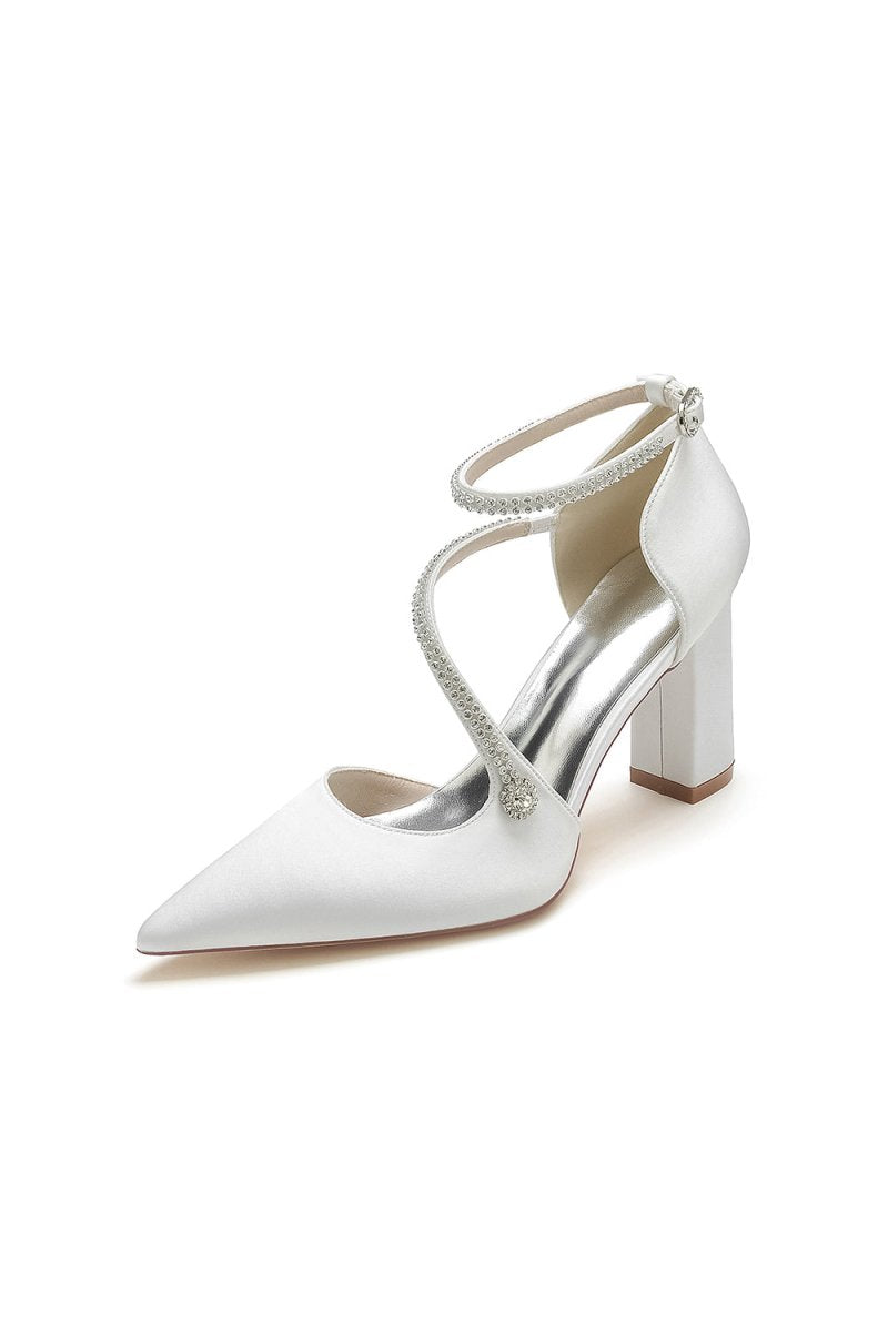 White Satin Pump with Cross - Strap and Beaded Buckle - KissProm