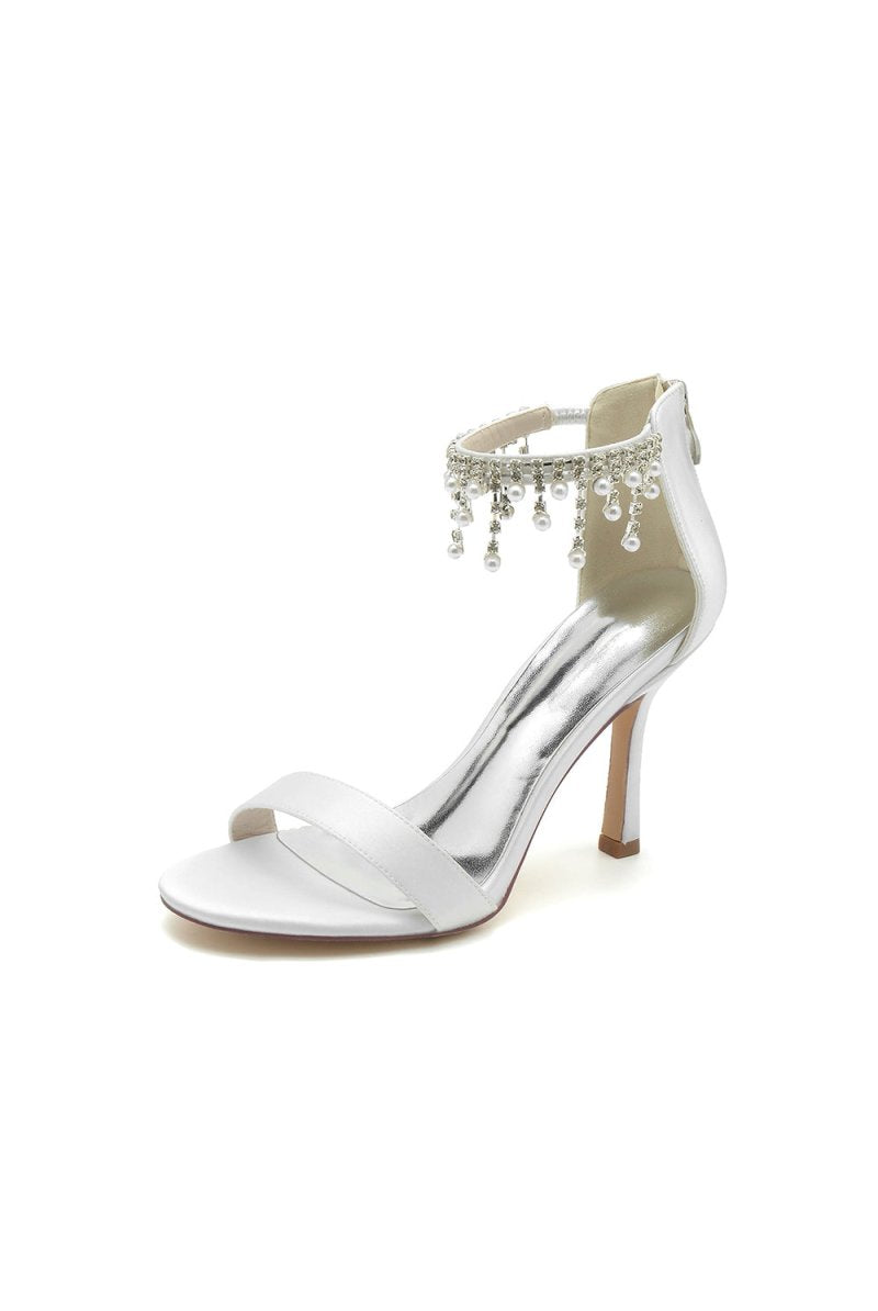 Glamorous White Leather High Heels with Silver Chain Accent - KissProm